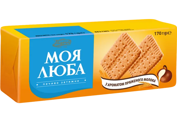 Печиво затяжне "МОЯ ЛЮБА" з ароматом пряженого молока фасоване 170 г Укр — Печиво оптом, ящик ≈ 2.0 кг