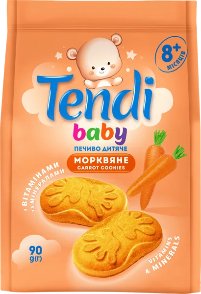 Печиво"Tendi baby" морквяне для дітей від 8 місяців фасоване 90 г — Дитяче оптом, ящик ≈ 1.2 кг