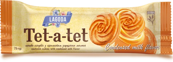 Печиво цукрове перешароване начинкою "Тет-а-тет" з ароматом згущеного молока фасоване 75 г — Сендвіч оптом, ящик ≈ 1.8 кг