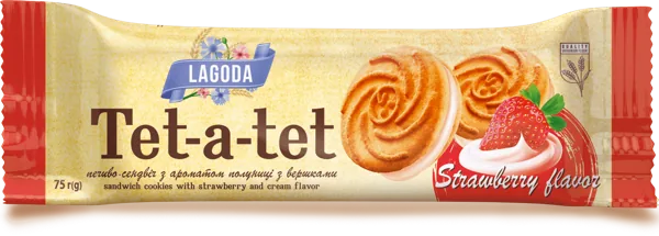 Печиво цукрове перешароване начинкою "Тет-а-тет" з ароматом полуниці з вершками фасоване 75 г — Сендвіч оптом, ящик ≈ 1.8 кг